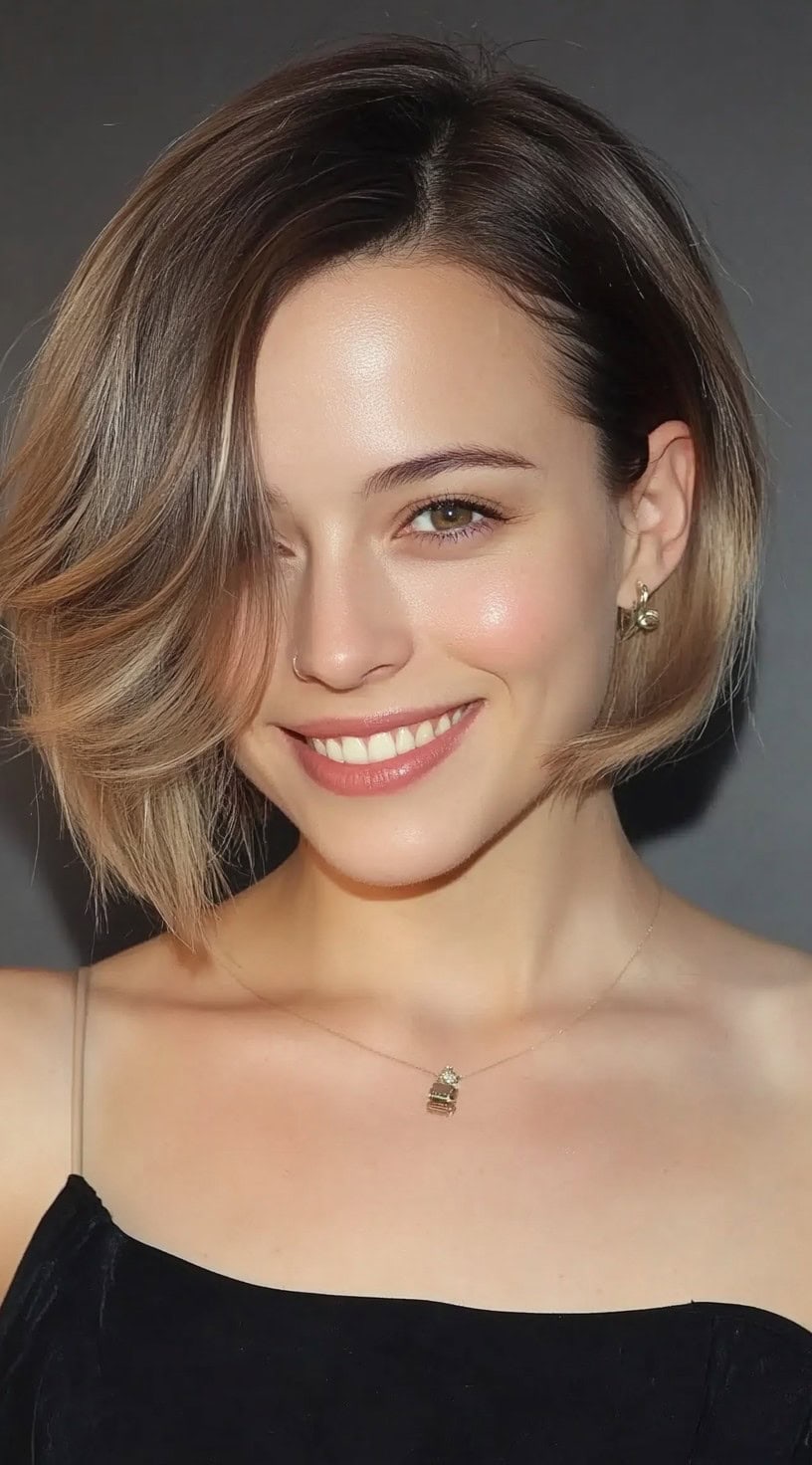 A chin-length A-line bob with a dramatic side part and soft balayage blending from dark roots to warm blonde ends.