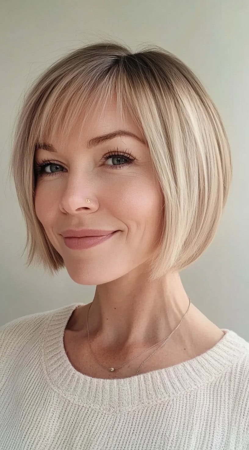 A chin-length blonde bob with soft layering around the ends and a side-swept fringe, styled with a smooth finish.
