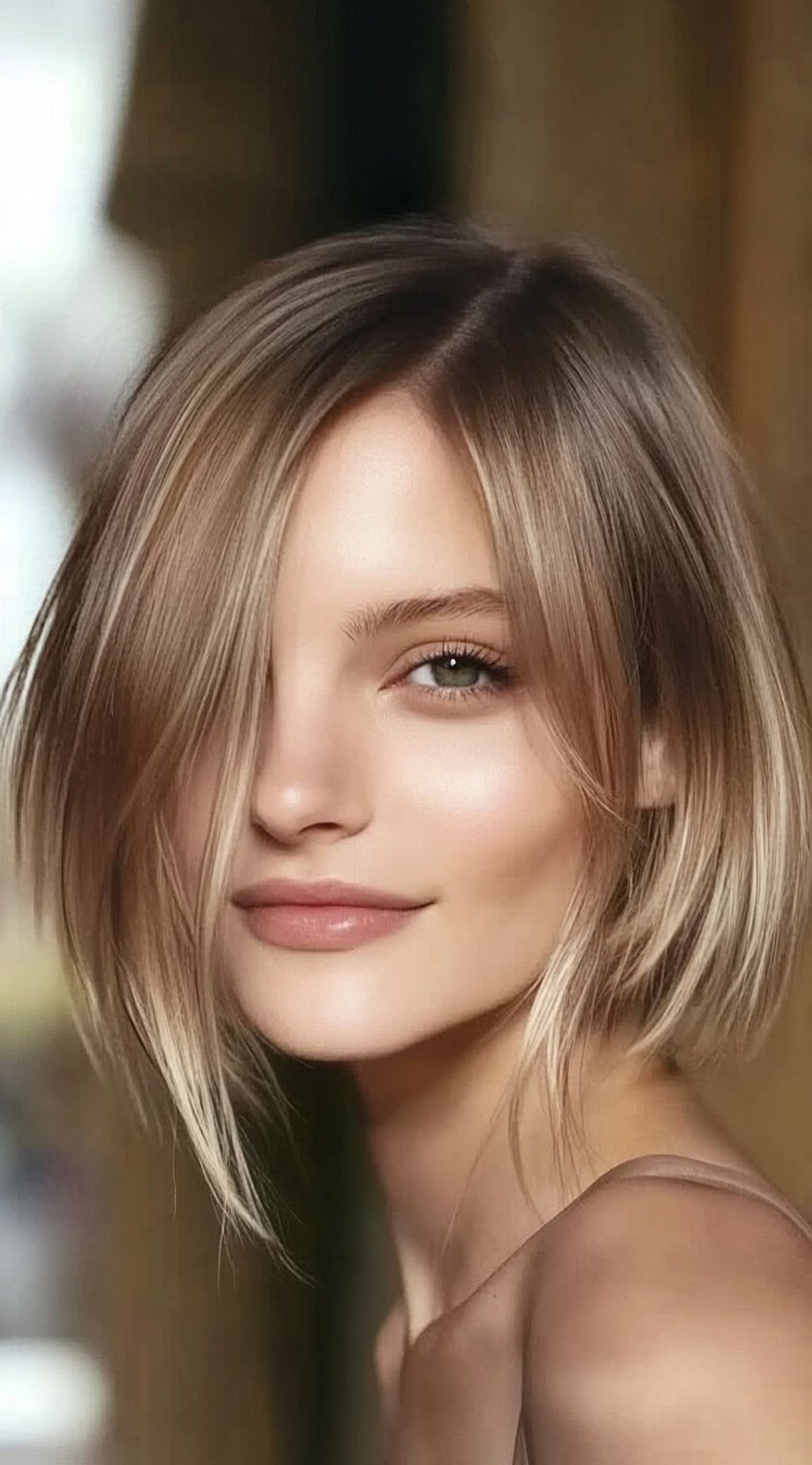 Close-up of a sleek, smooth short bob with long front layers parted deeply to the side, styled for a polished finish.