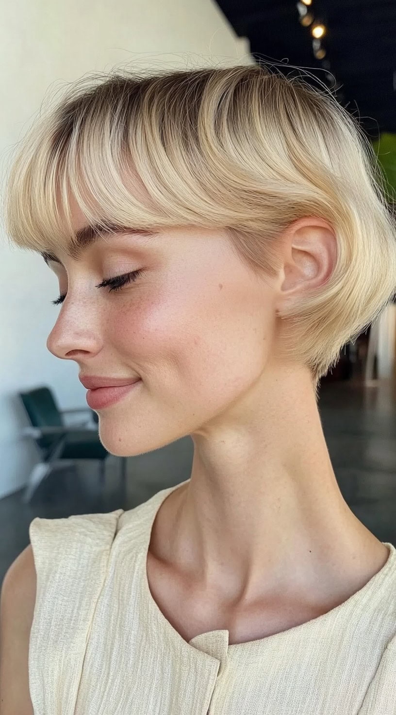 A smooth and sleek short crop with a sculpted shape and soft baby bangs, styled cleanly behind the ear.