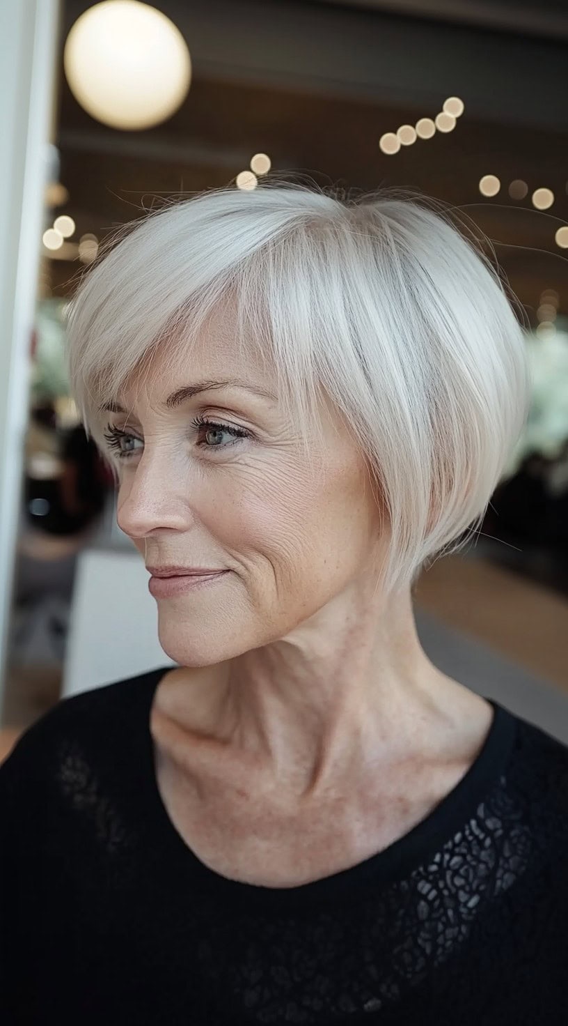 A woman with sleek, icy white hair in a short tapered bob with side-swept bangs and volume at the crown.