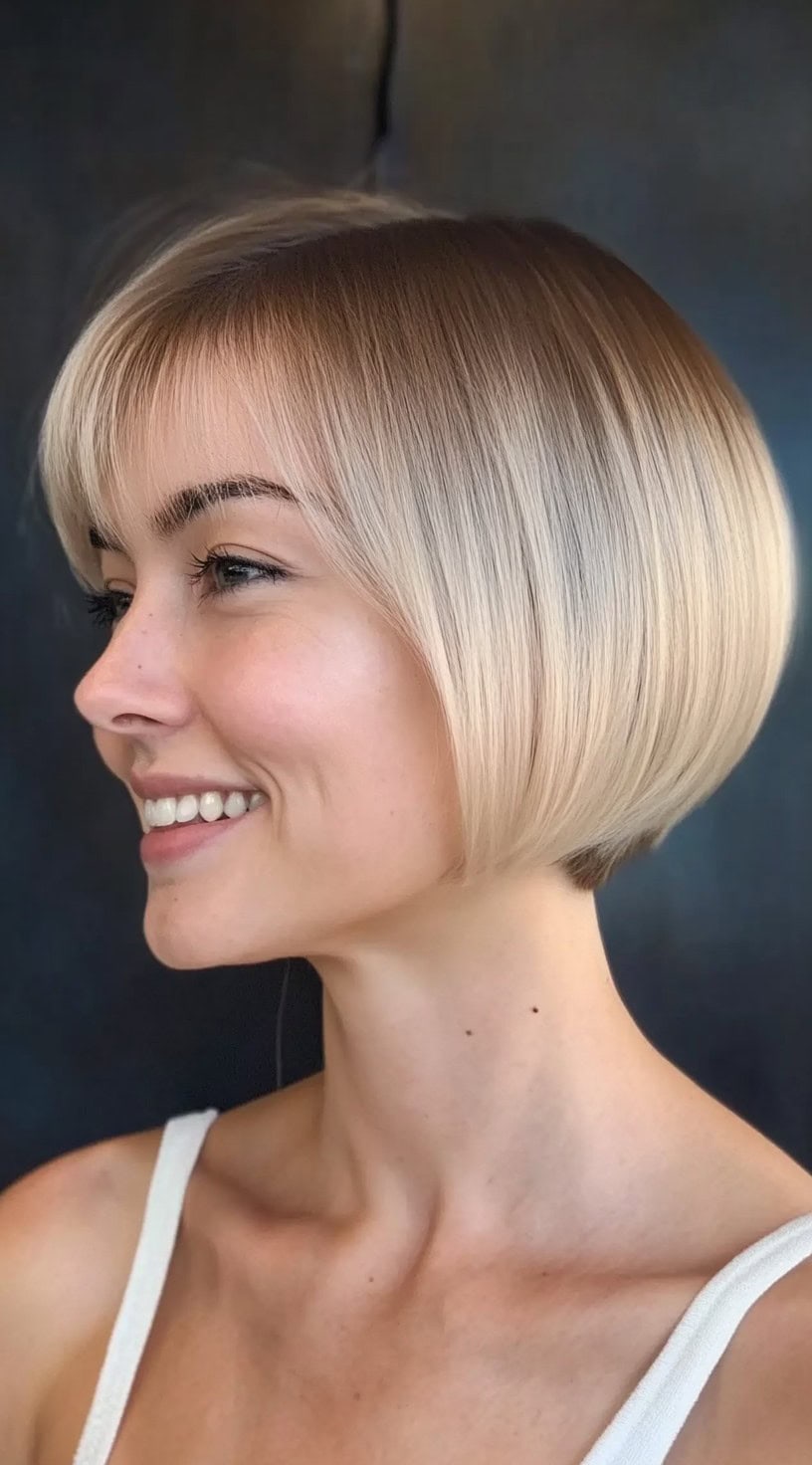 Side profile of a woman with a sleek bowl-shaped bob that curves under at the nape and features short, even bangs.