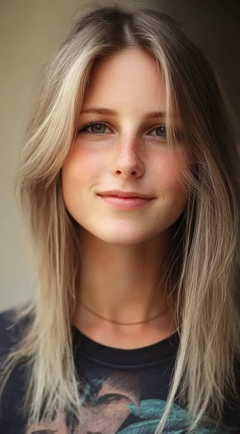 Young woman with shoulder-grazing, textured blonde hair and softly parted curtain bangs.
