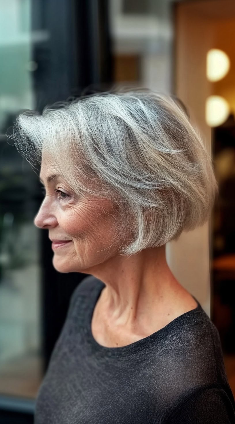 A side view of a woman with a soft, silver bob with a gentle graduation and natural fullness around the crown and nape.