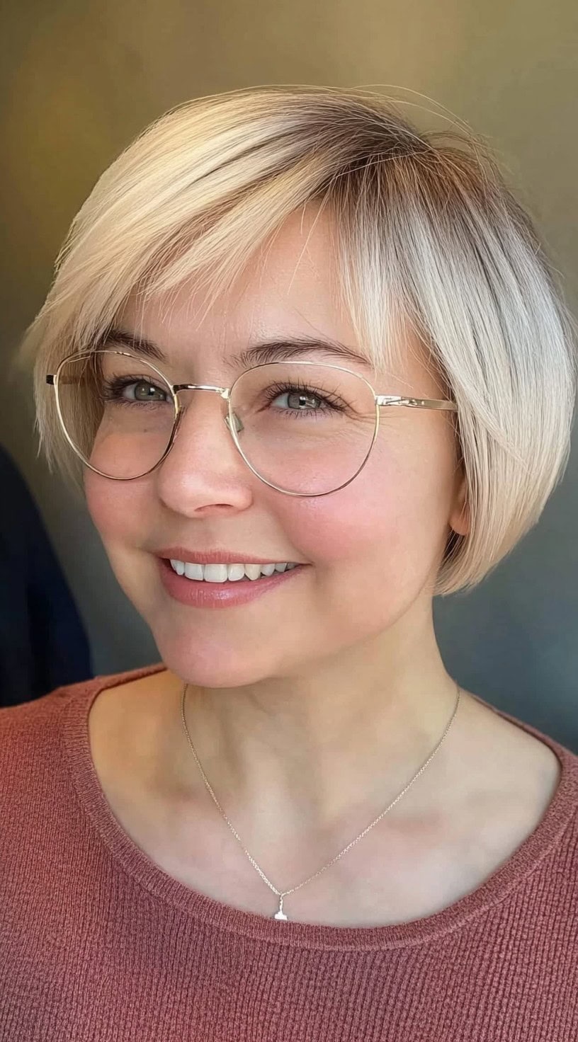 A woman with fine blonde hair wears a soft, side-parted bob that gently curves under the chin, styled with natural volume.