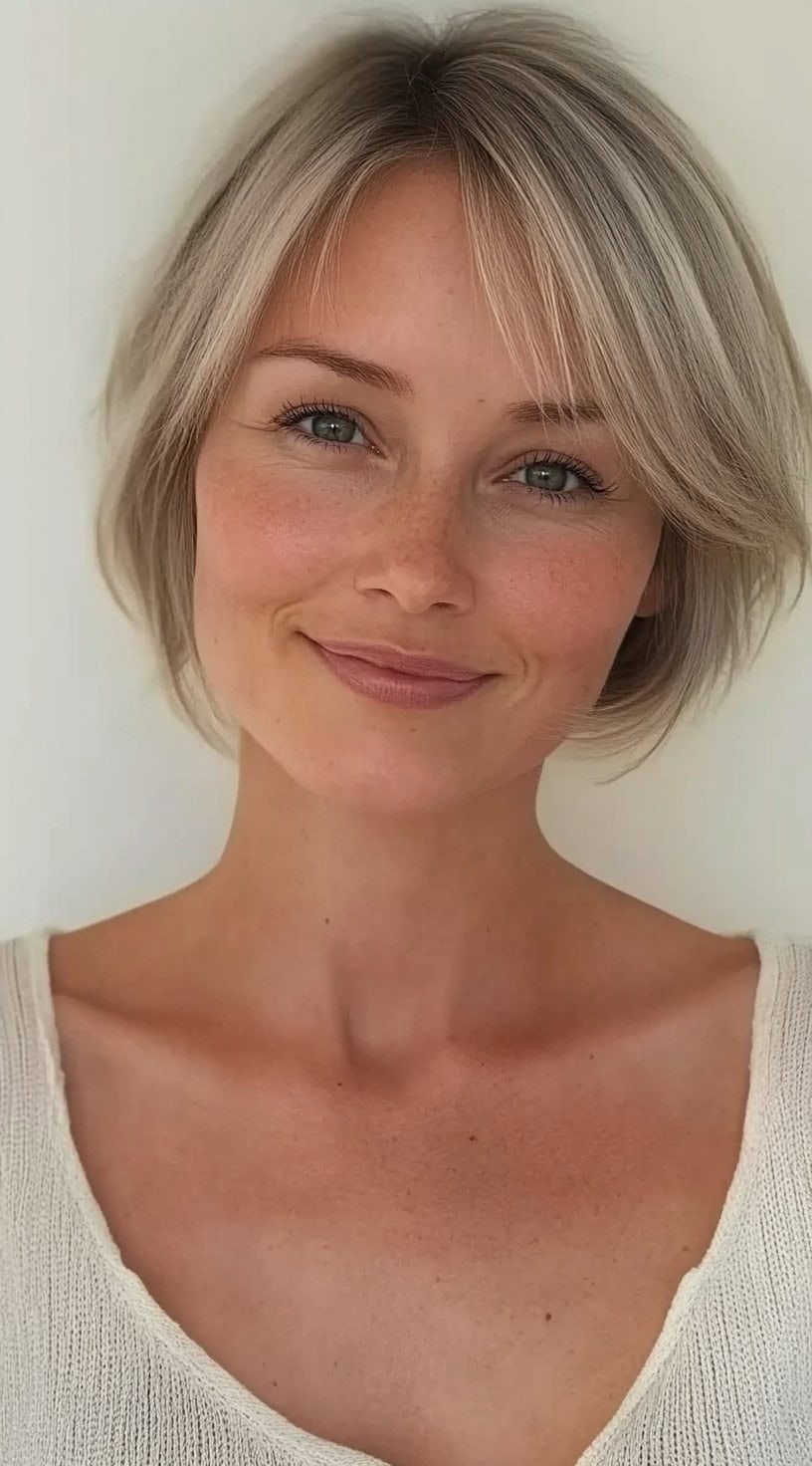 Close-up of a woman with a soft beige-blonde bob with feathered side bangs, styled with a slight inward curve.