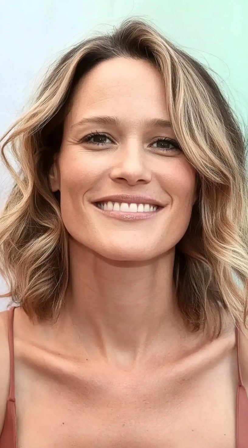Smiling woman with softly waved, collarbone-length blonde hair styled with a natural side part.
