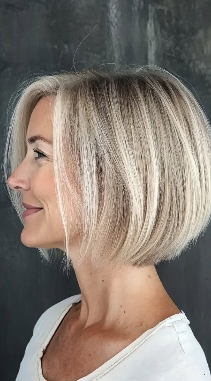A side view of a woman with a short, layered bob in beige blonde with soft stacking at the back and longer pieces in front.