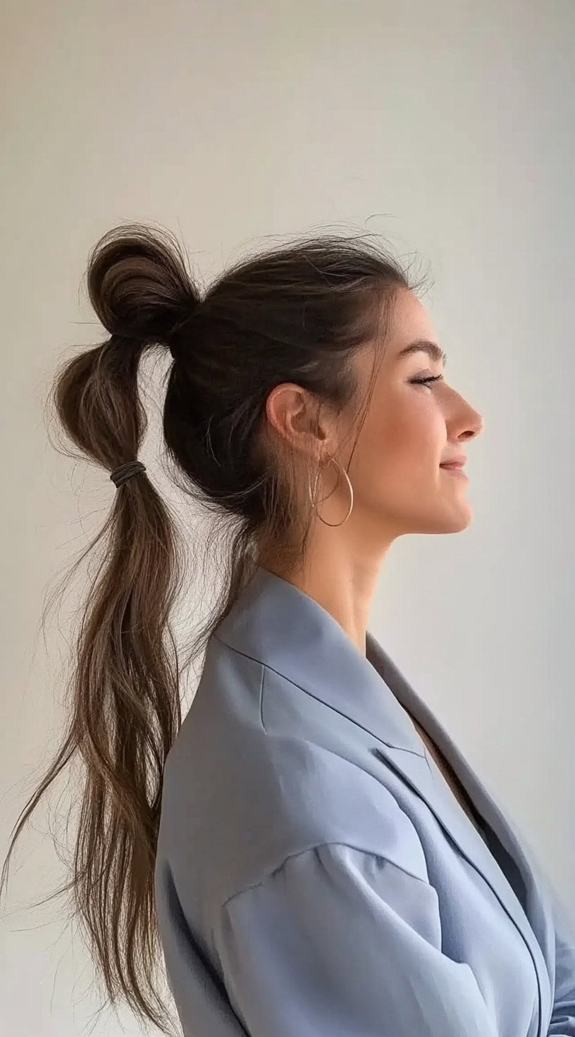 Side profile of a woman with long brown hair styled into a bubble ponytail using multiple elastic bands for volume and texture.
