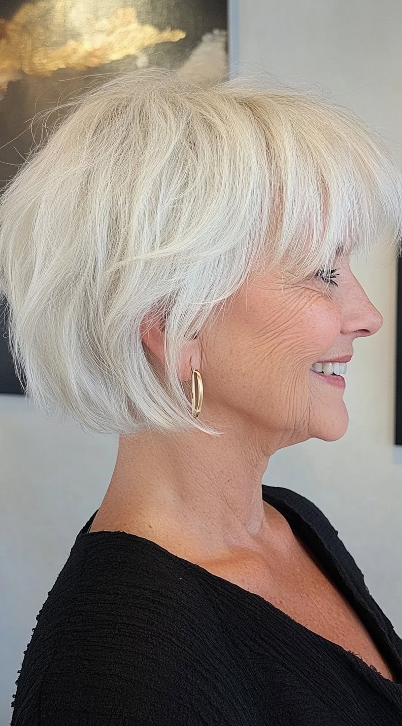 A woman with a short, tapered bob in icy white, featuring subtle stacking in the back and light front fringe.