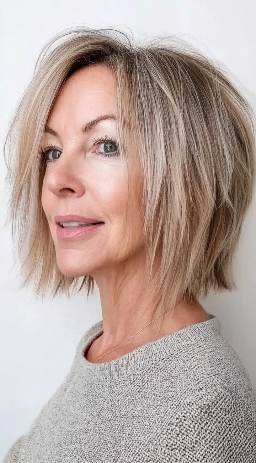 A side view of a woman with a textured, feathered bob in light ash blonde tones, styled with tousled volume.