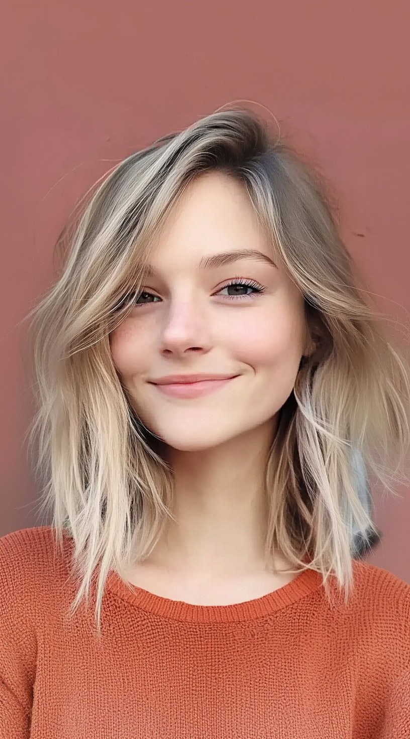 Smiling woman with a soft textured lob, parted to the side, with tousled layers that create movement and volume.