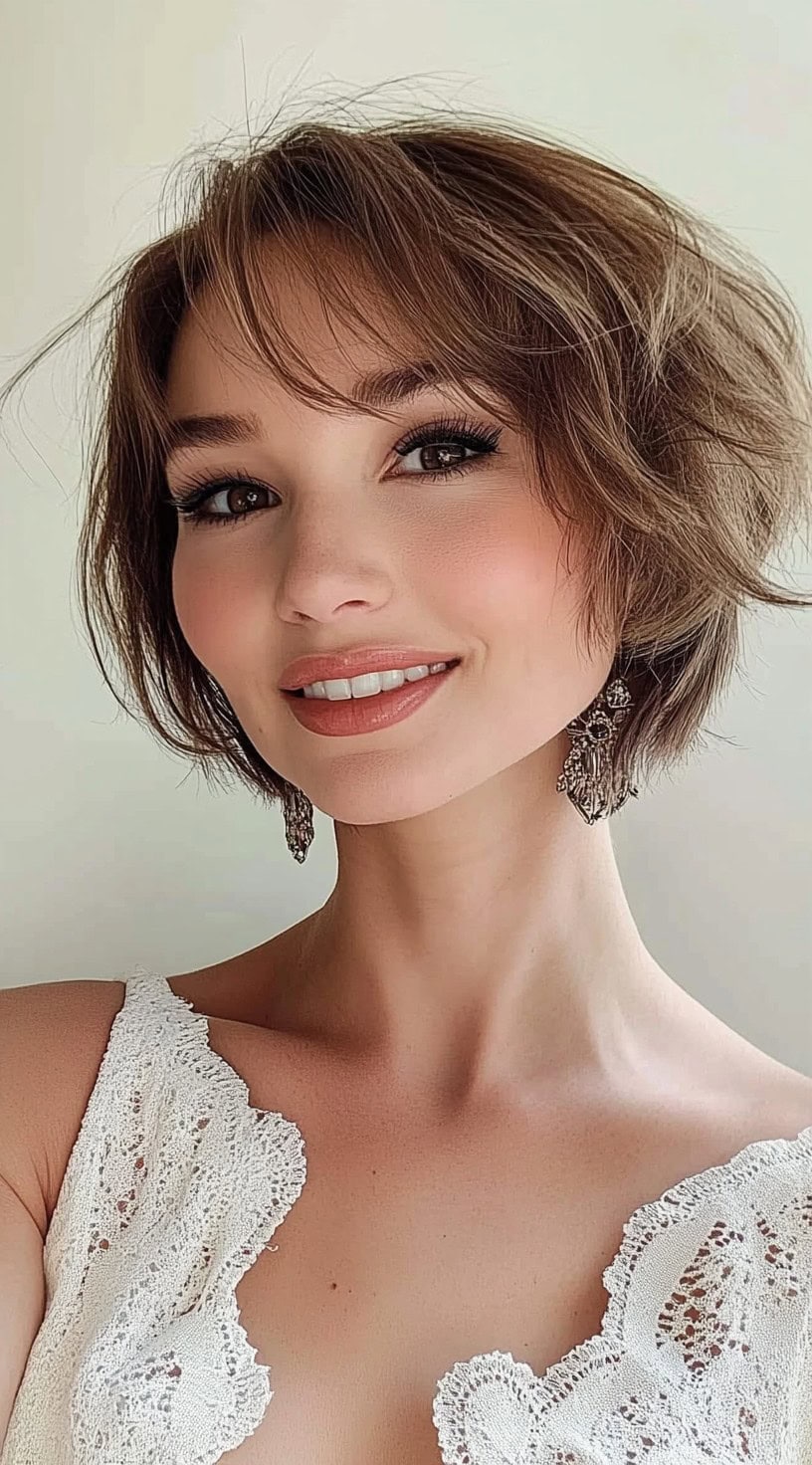 A softly tousled French bob with curtain bangs, worn with volume and light waves for added body and texture.