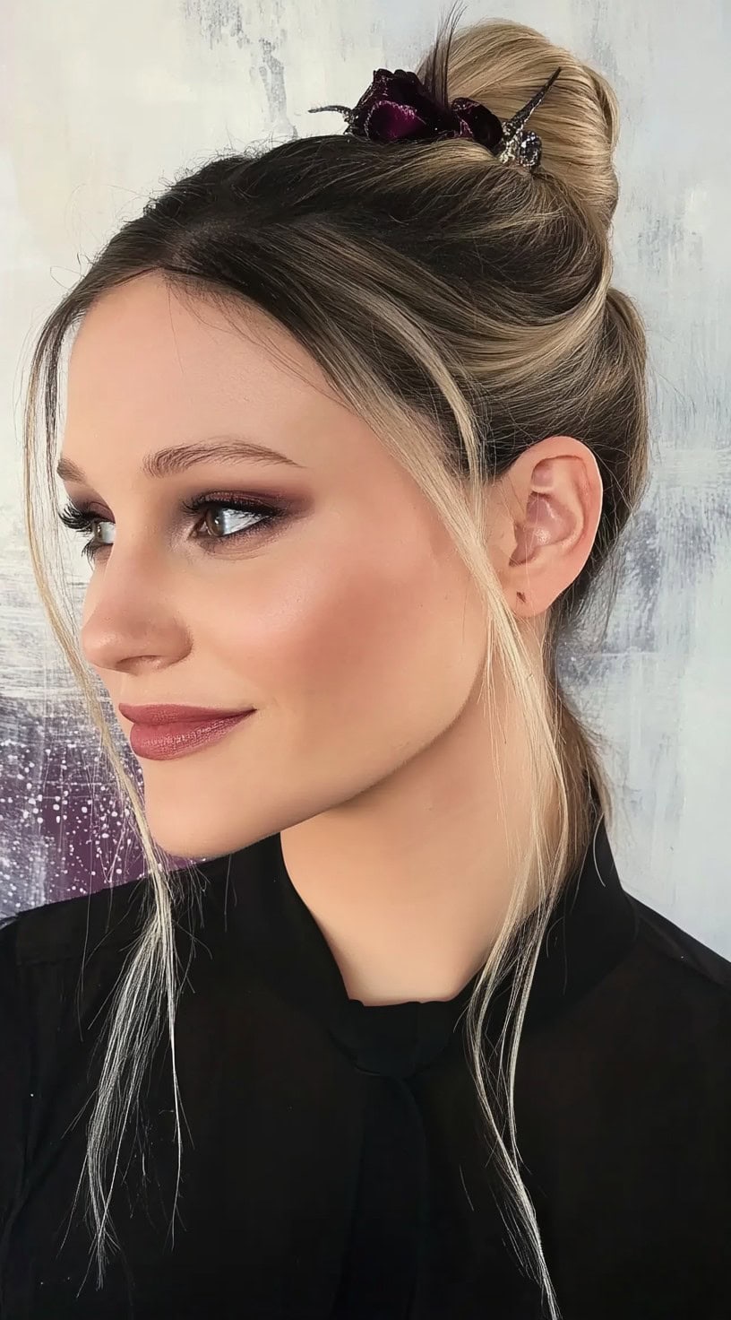 Elegant woman with a sleek twisted bun decorated with a floral clip, and two highlighted front strands left loose.