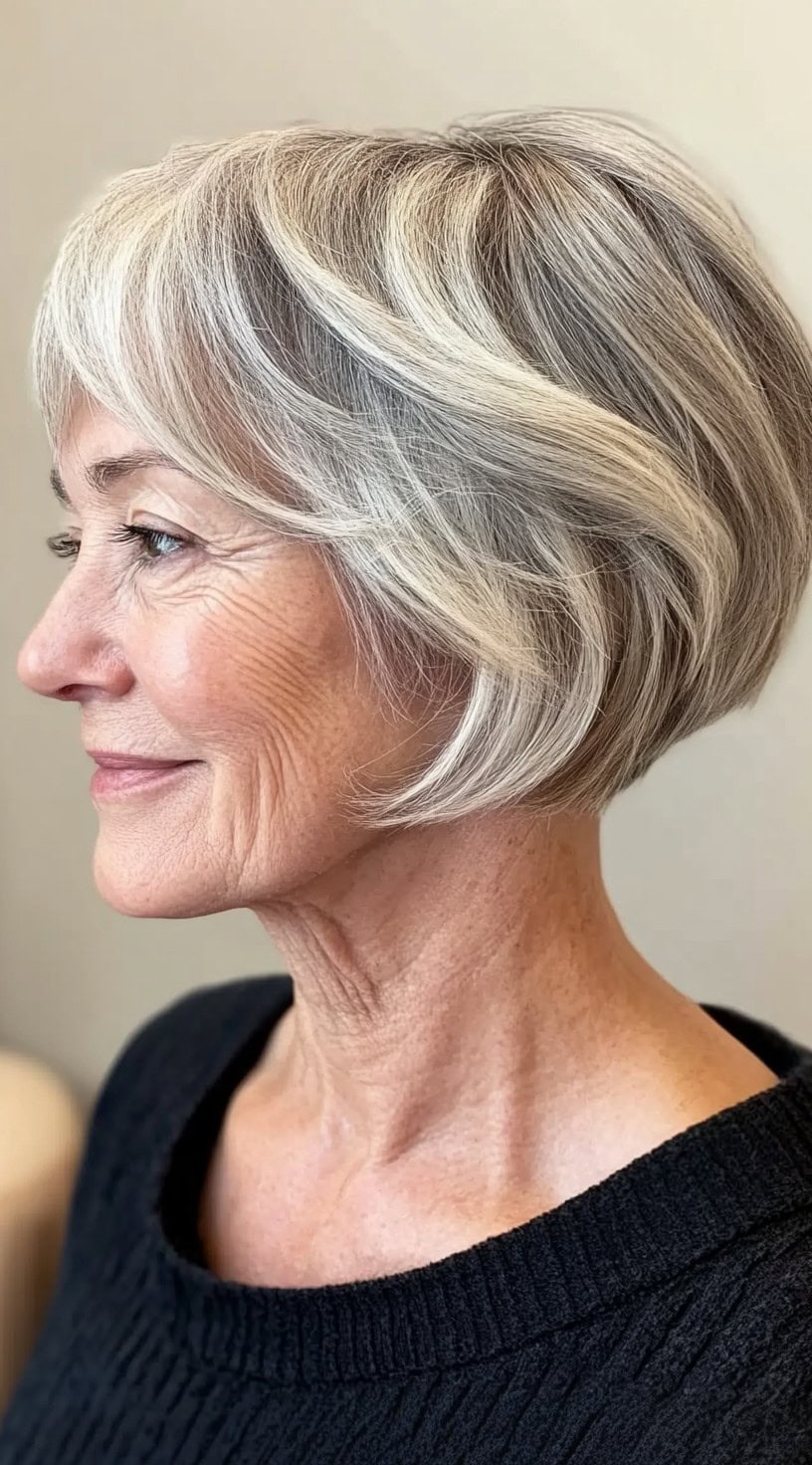 A side view of a woman with a rounded bob cut in a grey-blonde mix, styled with smooth curves and volume at the crown.