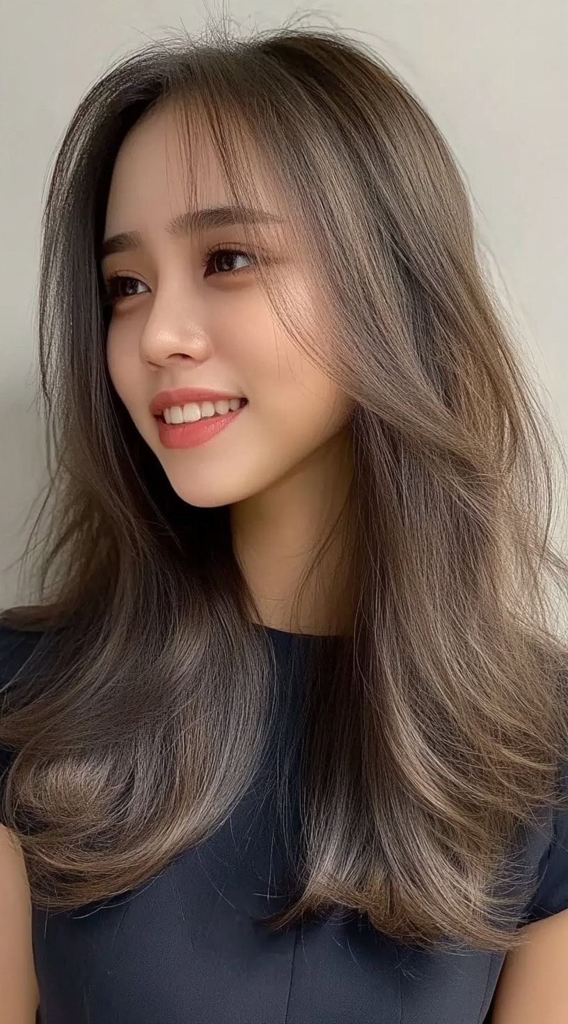 Smiling woman with long, voluminous, brown hair featuring soft face layers and wispy curtain fringe.