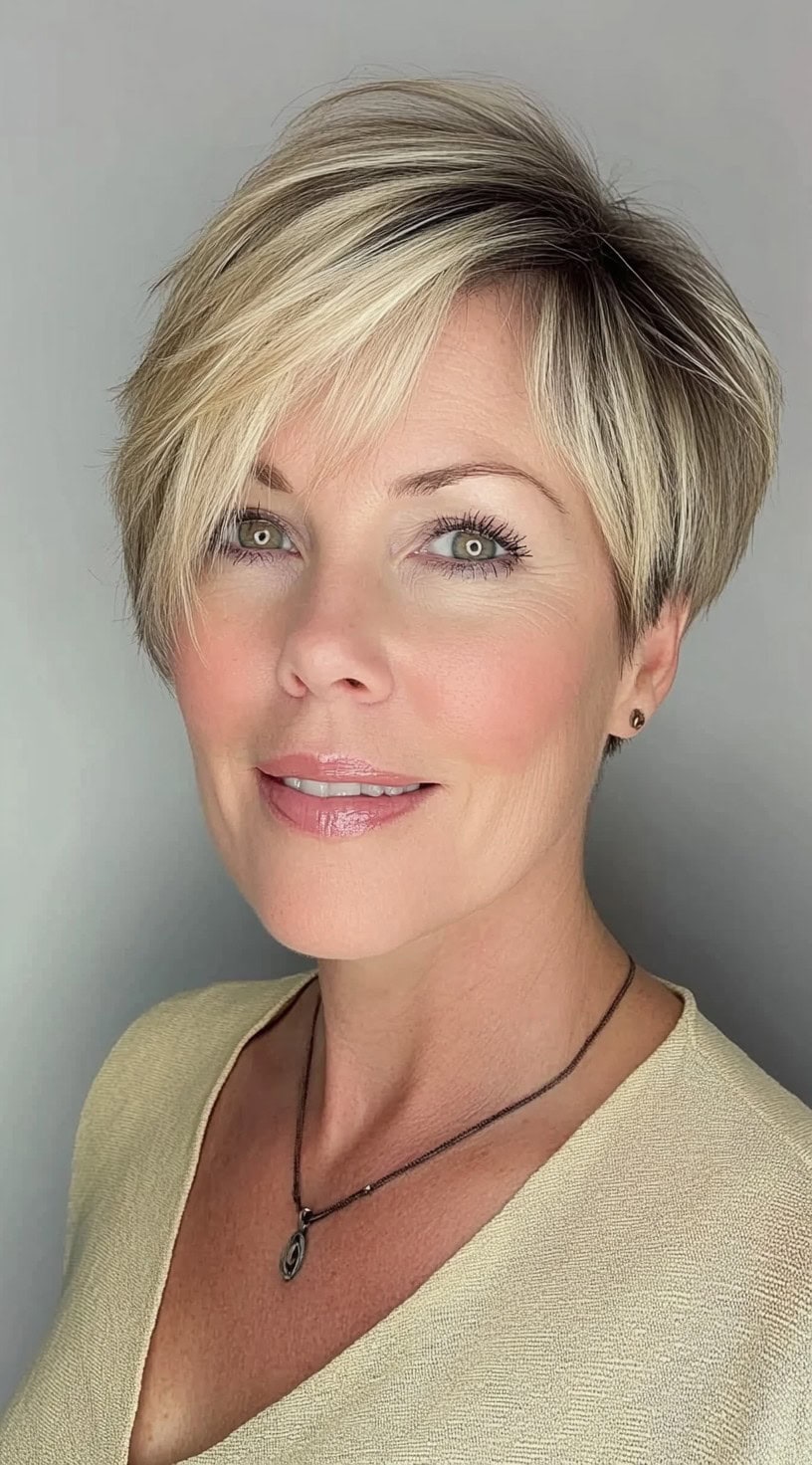 A voluminous pixie bob with long side-swept fringe and textured layers for fullness.