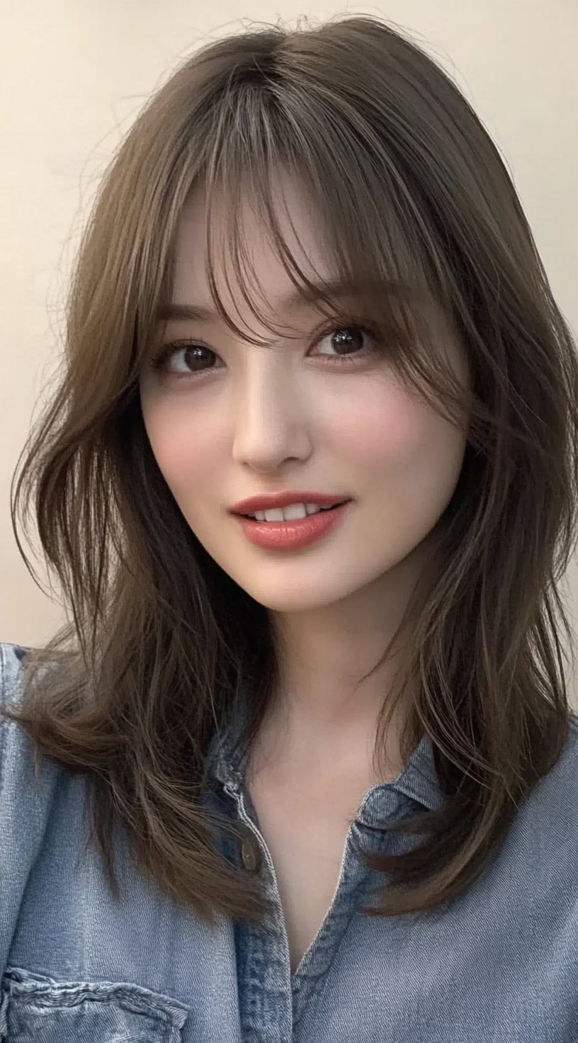 Medium-length ash brown layered cut with wispy see-through bangs and natural shine.