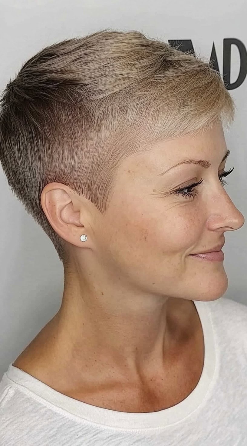 A woman with a cool-toned ash blonde pixie and neatly faded sides is smiling softly in profile.