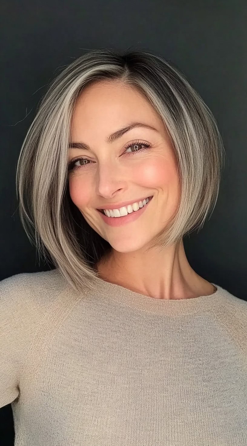A woman with fine hair styled into a sleek, chin-length asymmetrical bob with grey-blonde highlights and a deep side part, smiling confidently.