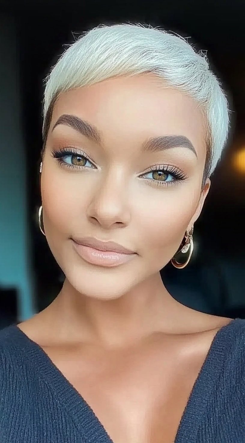 A woman with a soft baby blonde pixie and subtle tapering, smiling in soft indoor lighting.