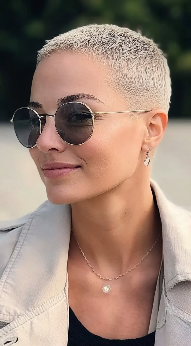 A woman with a tightly buzzed platinum haircut and soft fade, wearing aviator sunglasses and a neutral trench coat.