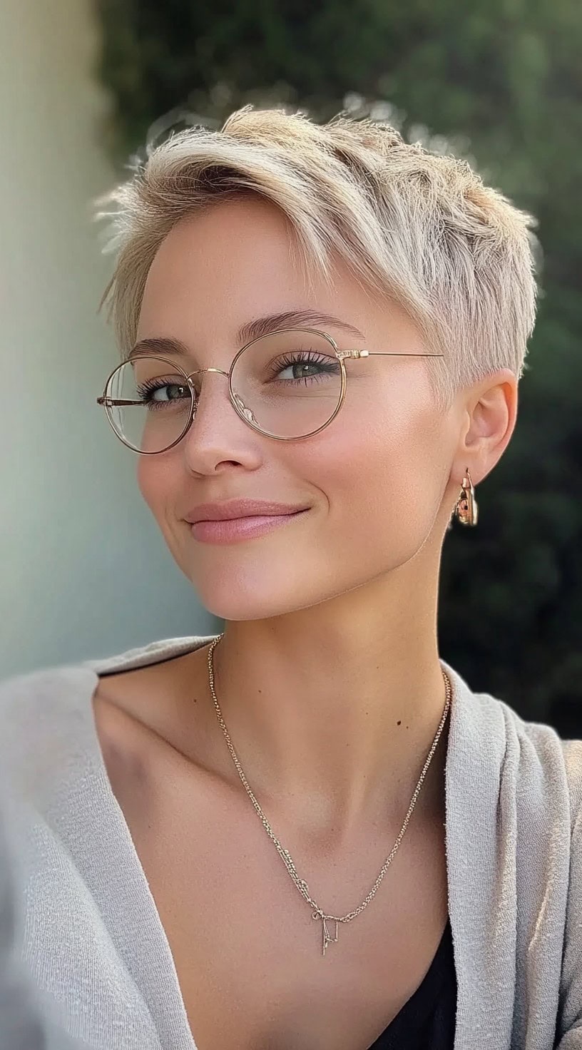 A blonde pixie cut styled with soft volume at the crown, shaved sides, and slightly tousled layers on top worn with glasses.
