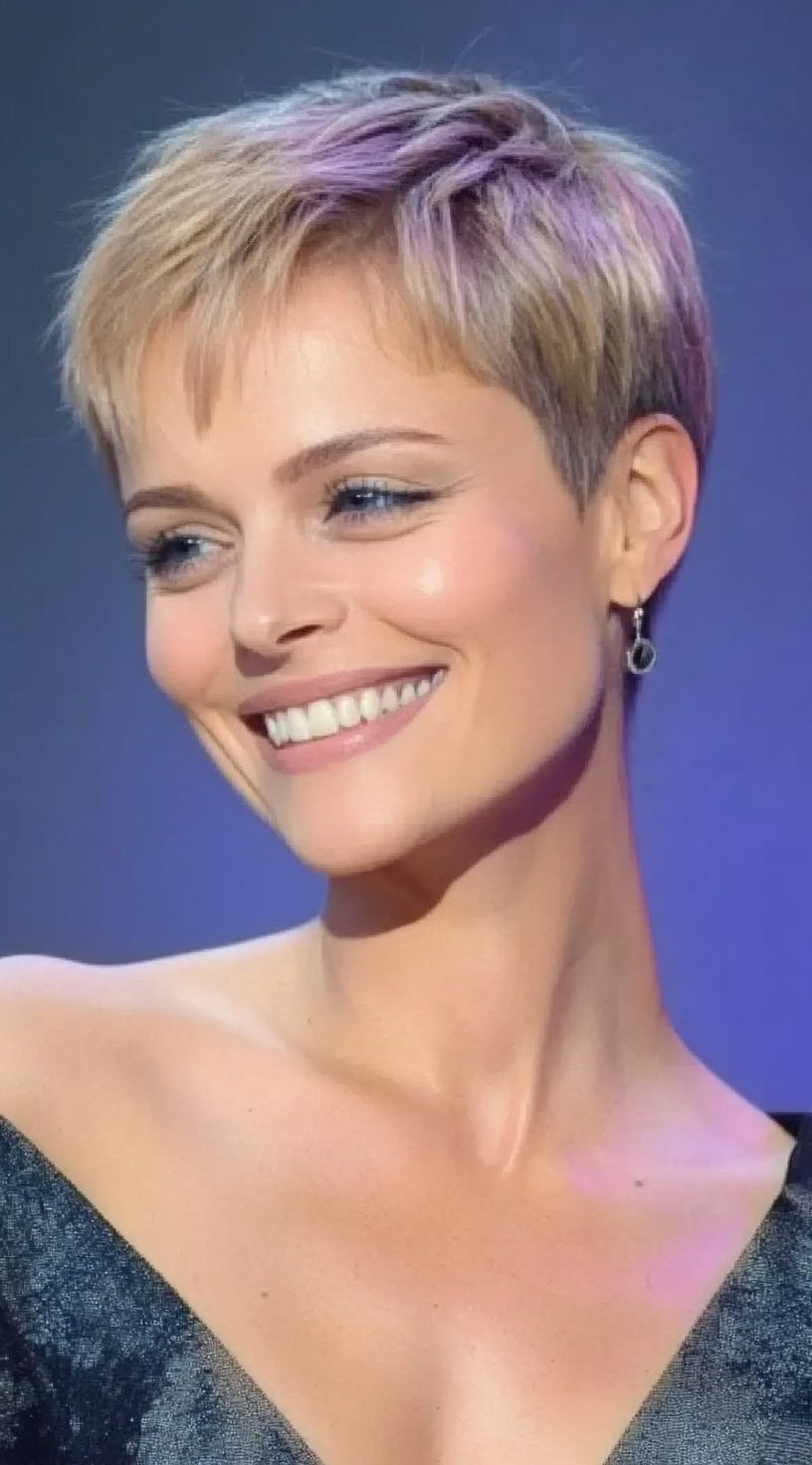 A woman with a soft blonde pixie featuring a hint of lavender and choppy layering, smiling on stage.