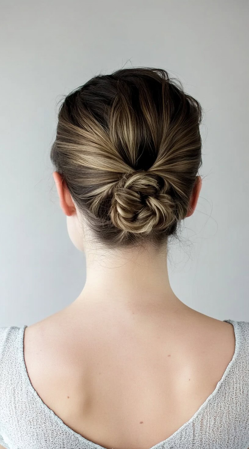 A close-up of a brunette woman with a smooth low bun formed from braided strands twisted into a rosette shape.