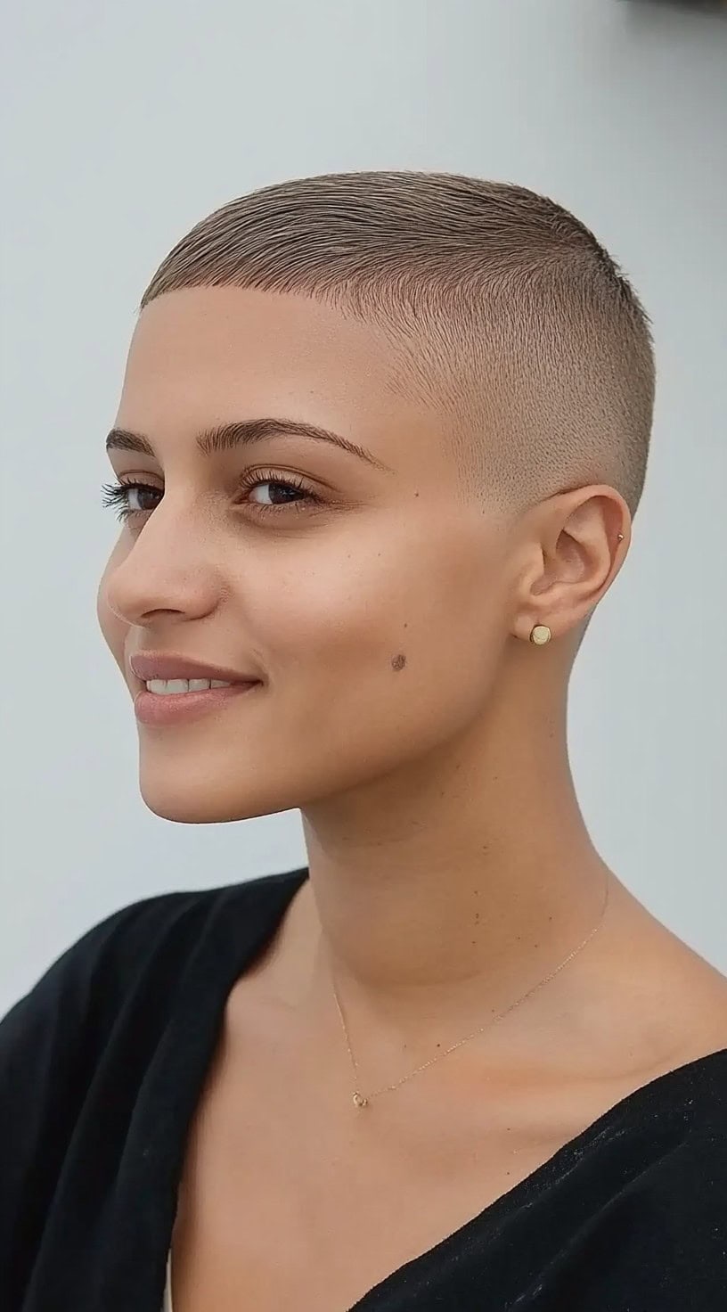 A woman with a buzzed pixie cut and skin-fade sides, smiling slightly while facing sideways.