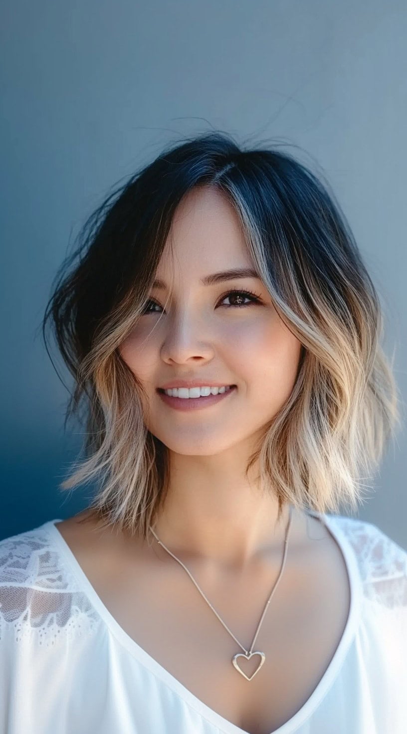 A smiling woman with a chin-length shaggy bob featuring dark roots and soft blonde balayage, styled with tousled waves.