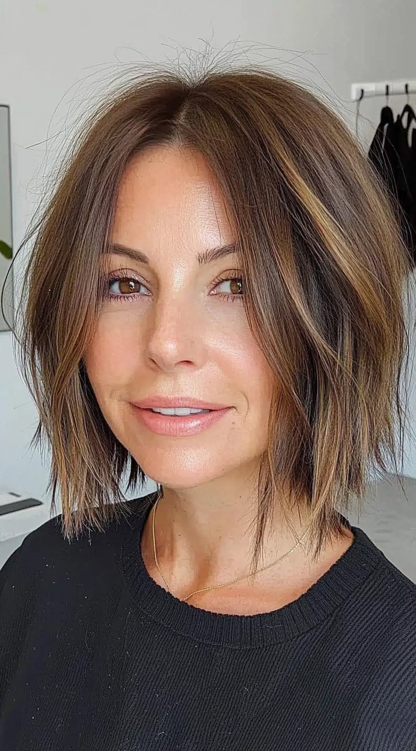 A choppy bob cut with slightly angled ends, textured brunette strands, and lighter highlights around the face.