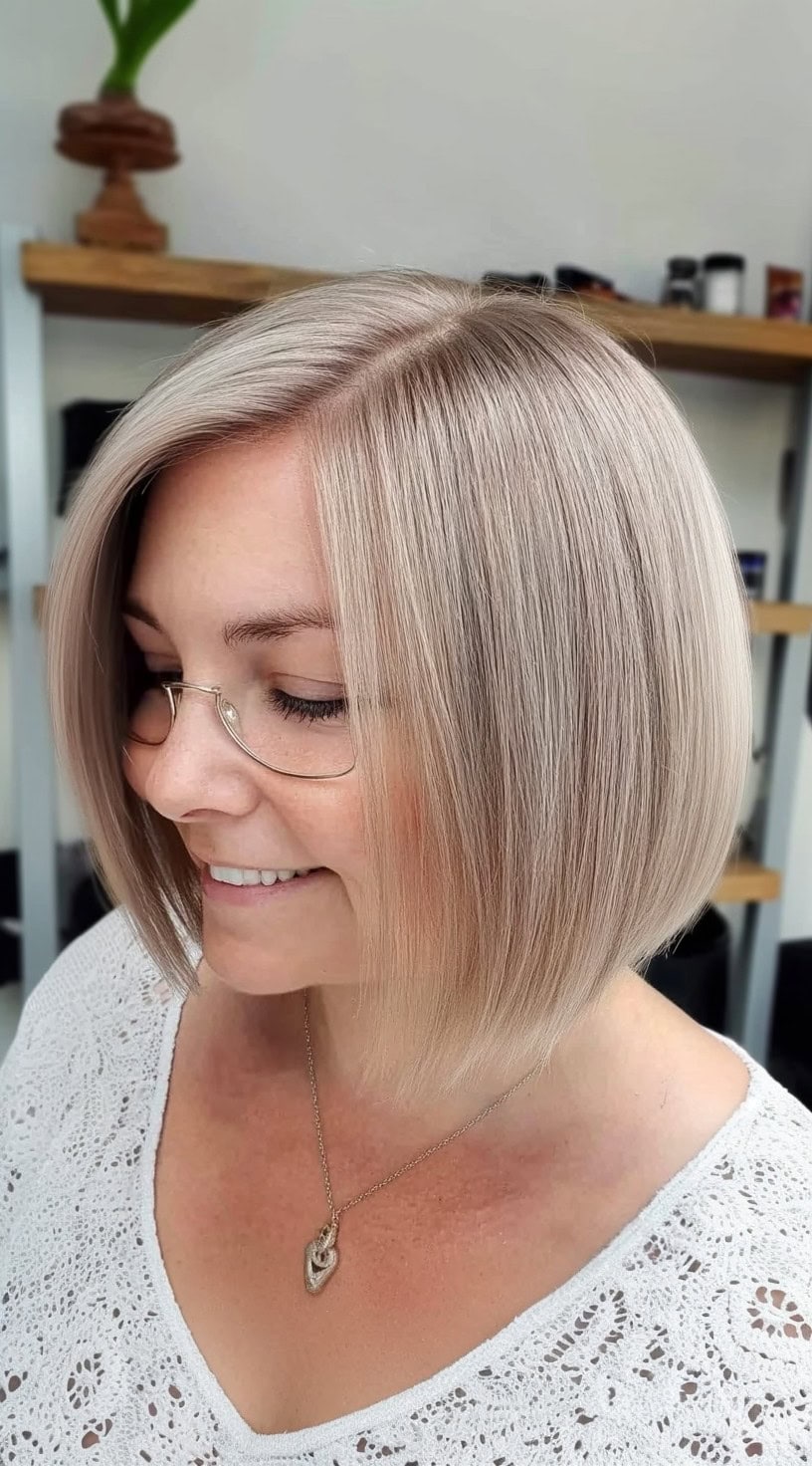 A soft platinum blonde blunt bob styled straight and tucked behind one ear, with a precise side part and clean edges.