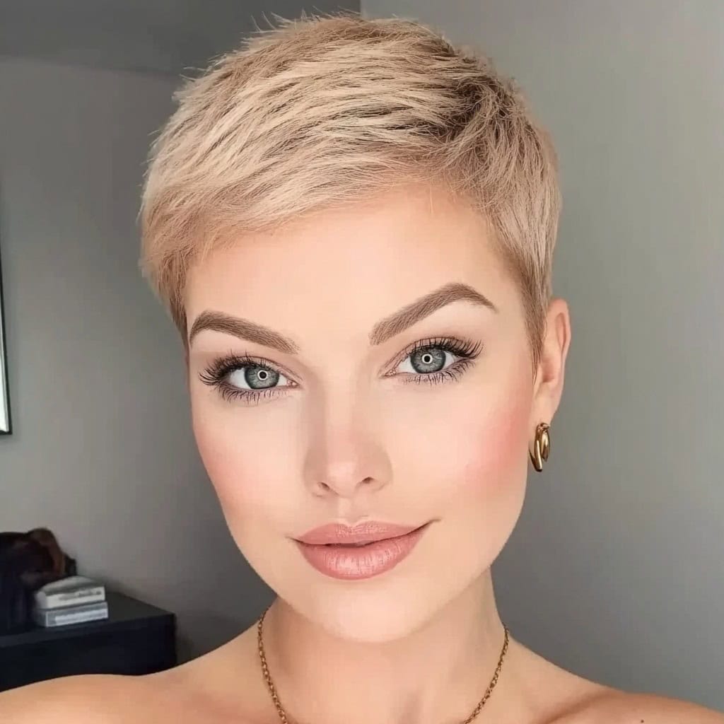 A woman with a peachy-blonde tapered pixie cut, wearing gold hoops and neutral makeup.