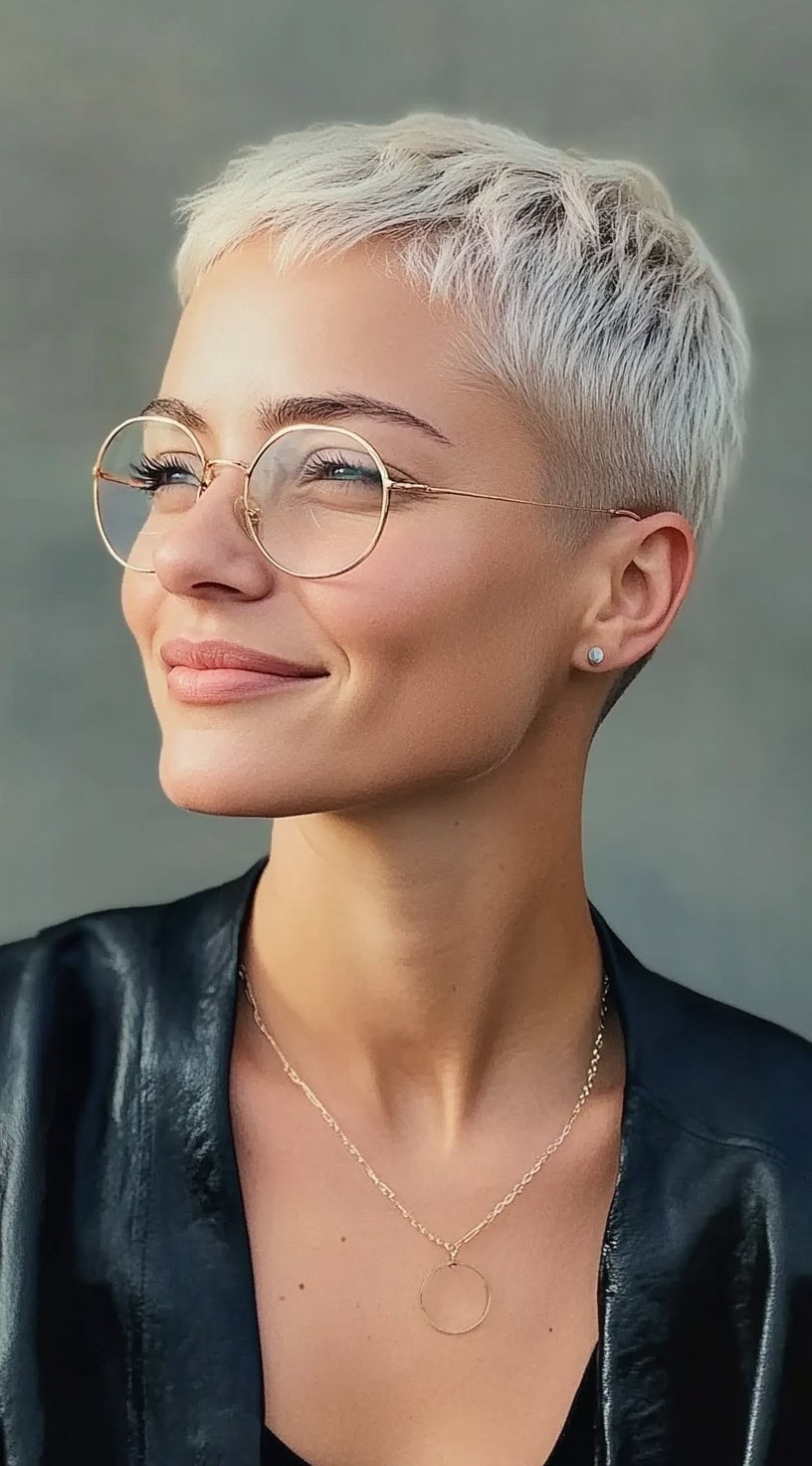 A woman with a short bleach blonde crop and tapered edges, wearing round glasses and a black jacket.