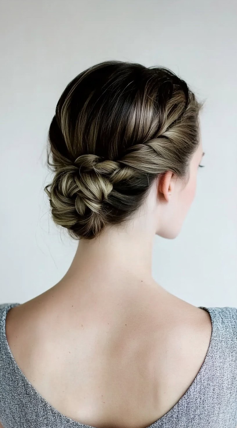 A woman with dark blonde hair styled into a crown braid wrapping into a low bun near the nape.
