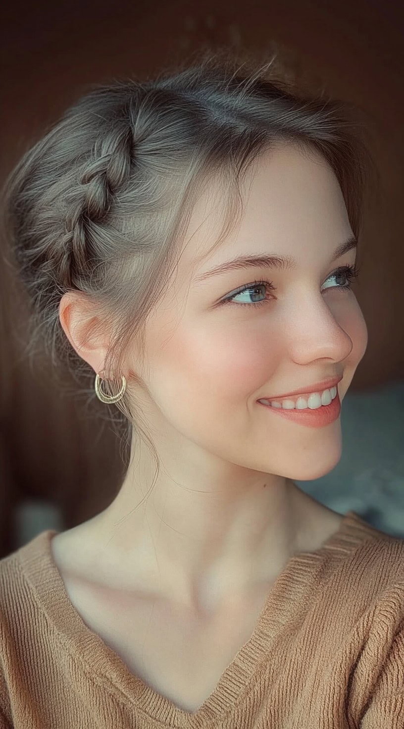 A smiling woman with a soft crown braid that wraps back into a discreet updo, with wispy strands left out near her temples.