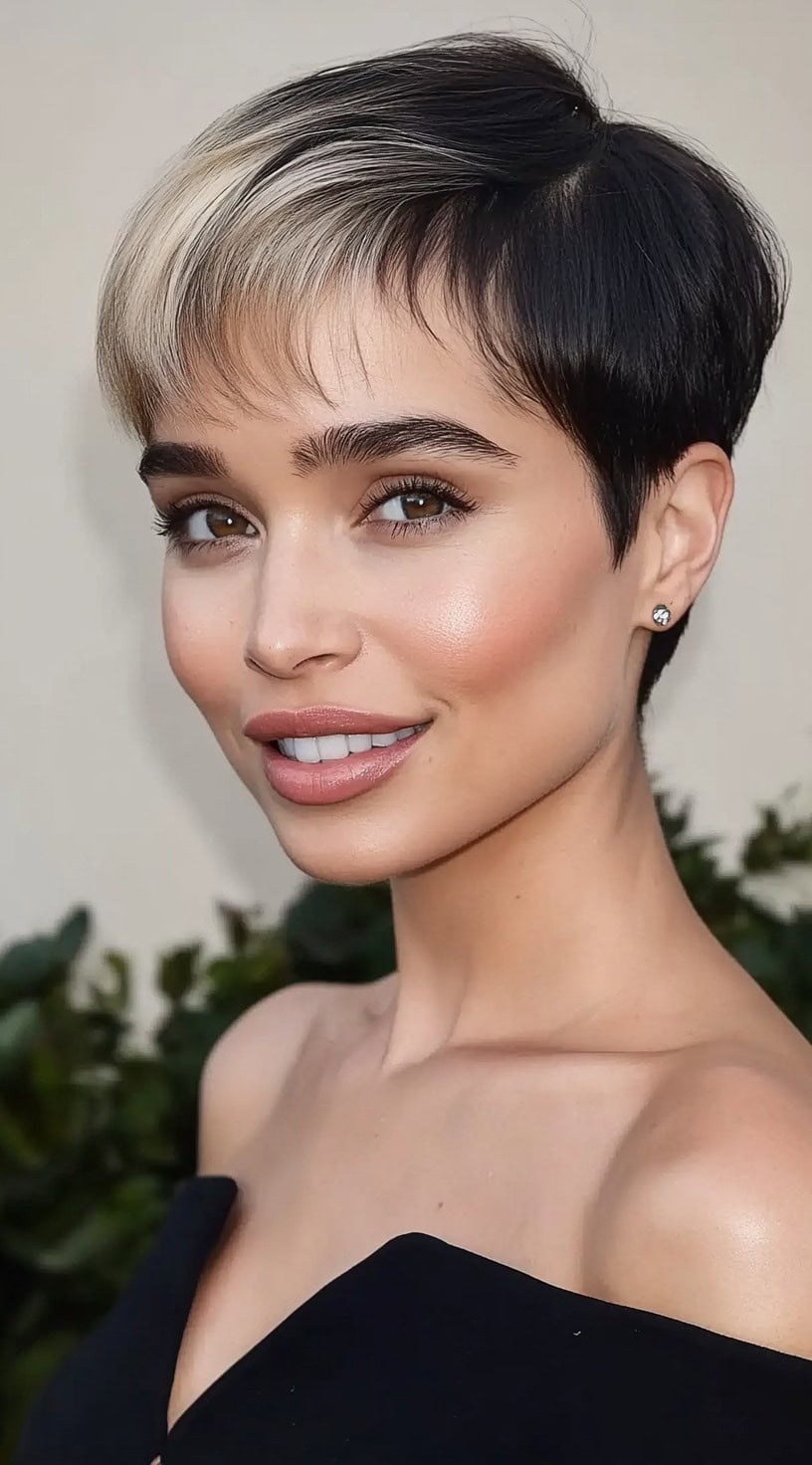 A woman with a sleek black pixie cut and platinum blonde bangs is smiling confidently in a black off-shoulder top.