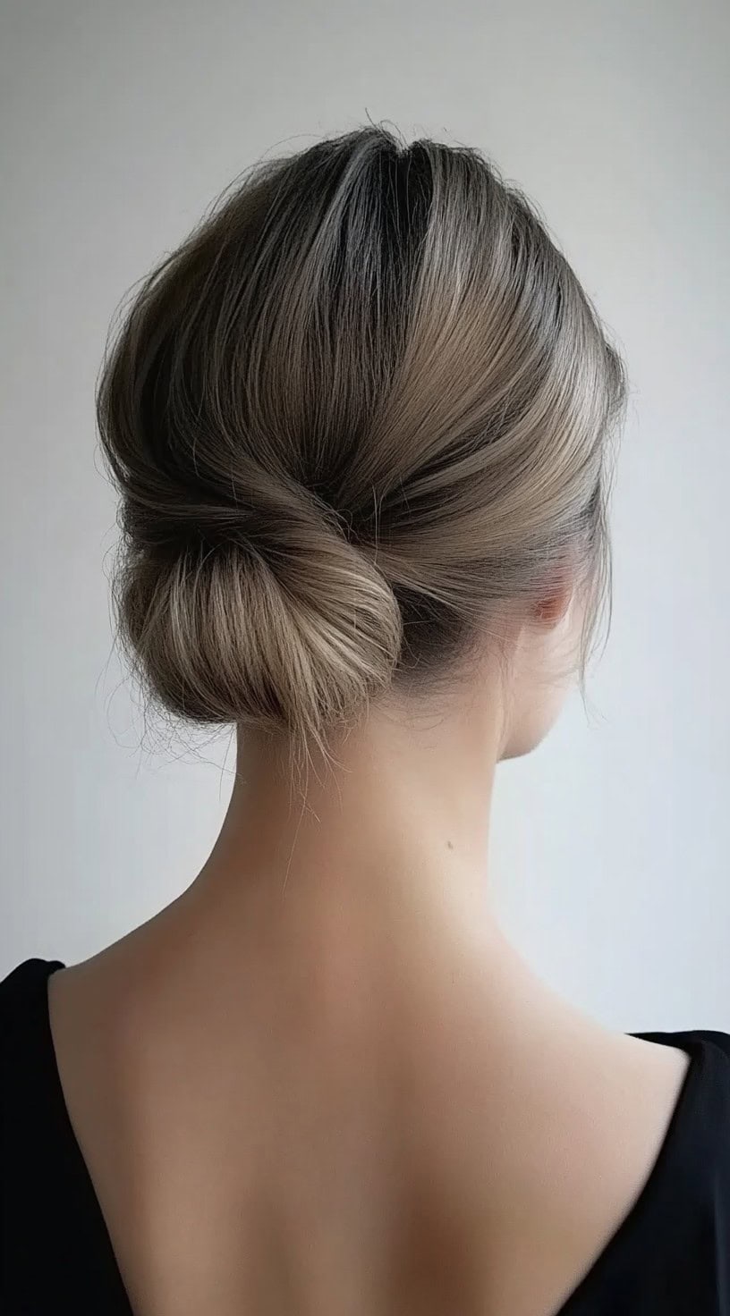 A woman with smooth, dark blonde hair styled into a clean low bun with a side twist leading into the knot.