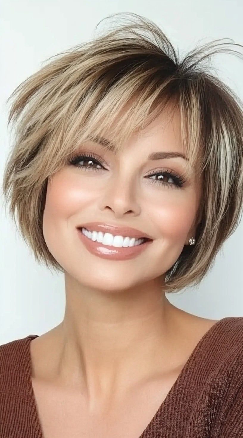 A woman with a feathered bob in warm honey tones, styled with soft bangs and flipped-out texture at the crown.