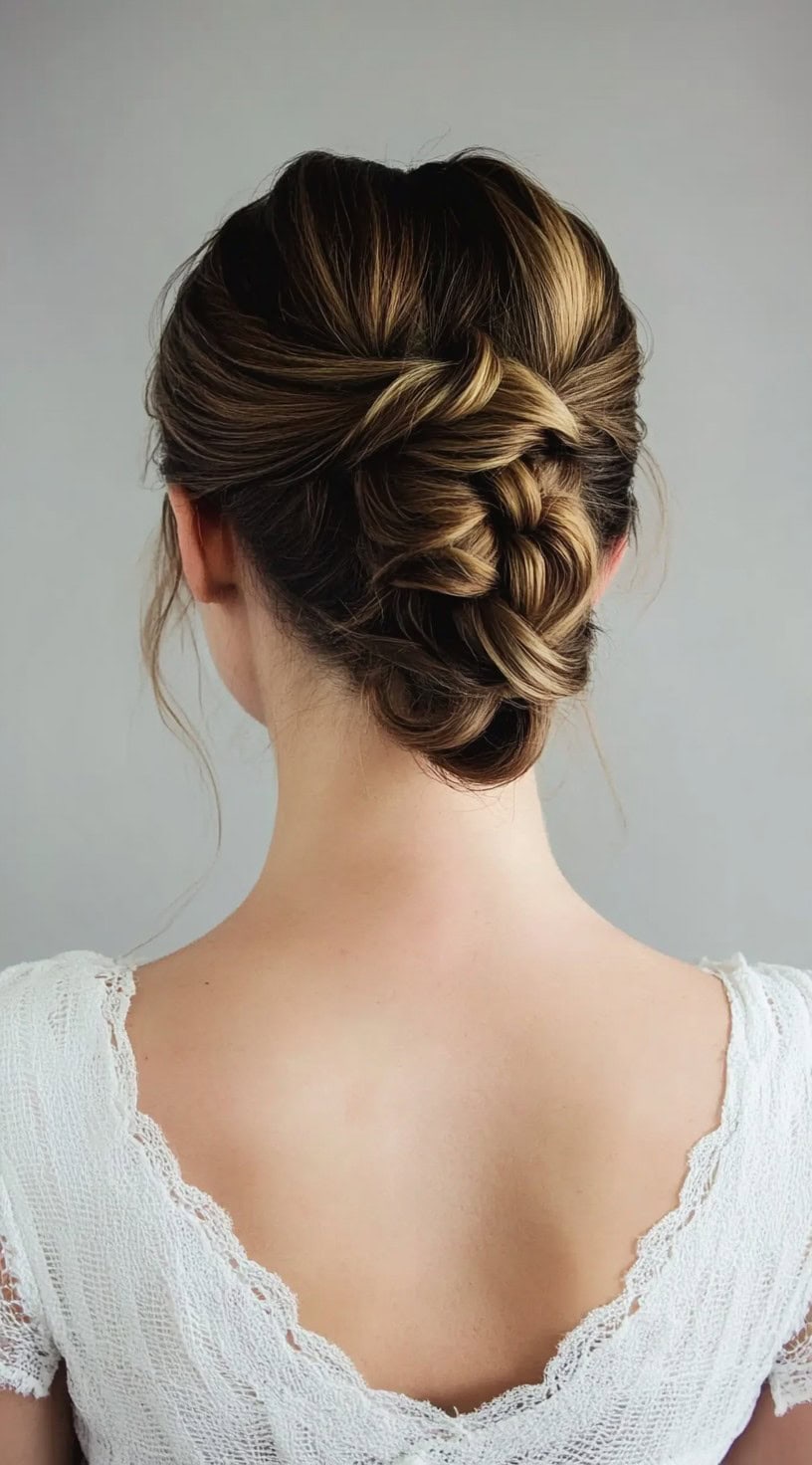 A woman with brunette hair styled into a loose French braid that transitions into a tucked low chignon.