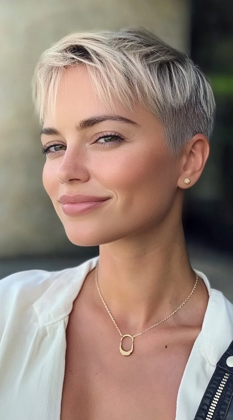A woman with a bright platinum pixie and tousled layers smiles confidently while wearing a gold necklace.