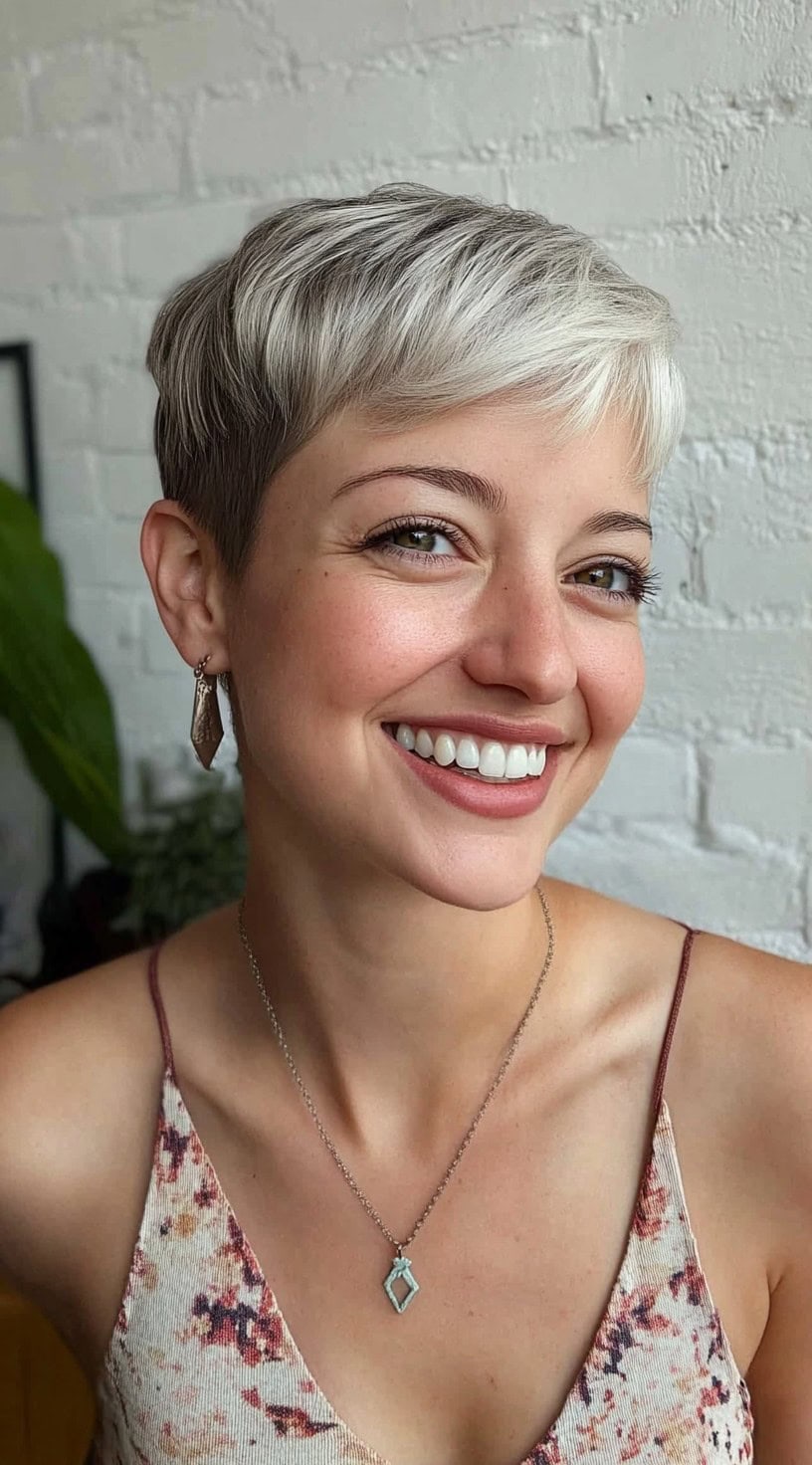 A woman with an icy blonde cropped pixie cut and dark underlayers, smiling in front of a white brick wall.
