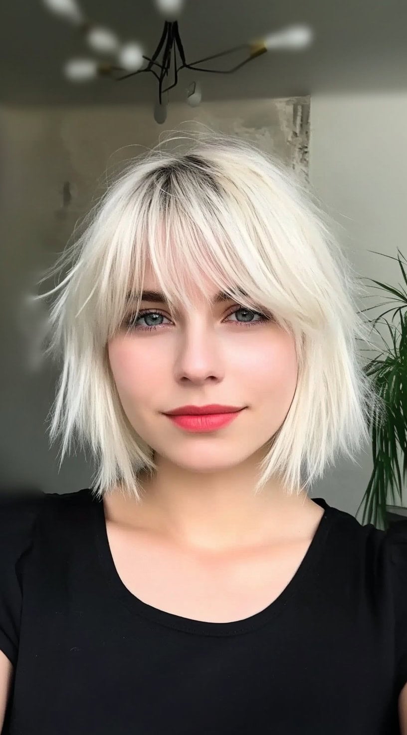 A woman with a pale icy blonde bob featuring feathered ends and a soft, wispy fringe.