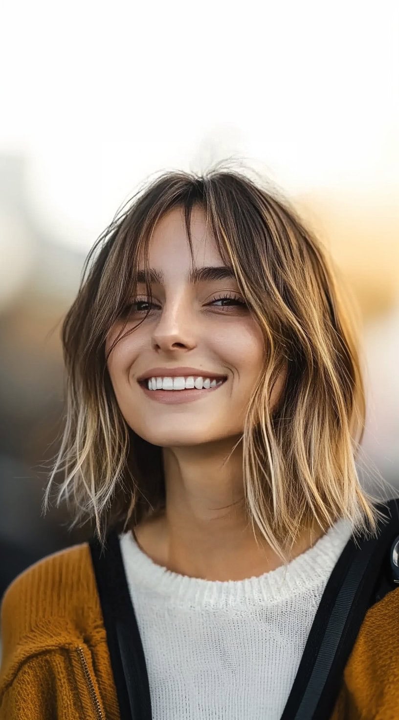 A smiling woman with a medium shag bob featuring loose layers and soft brunette-to-blonde highlights throughout.