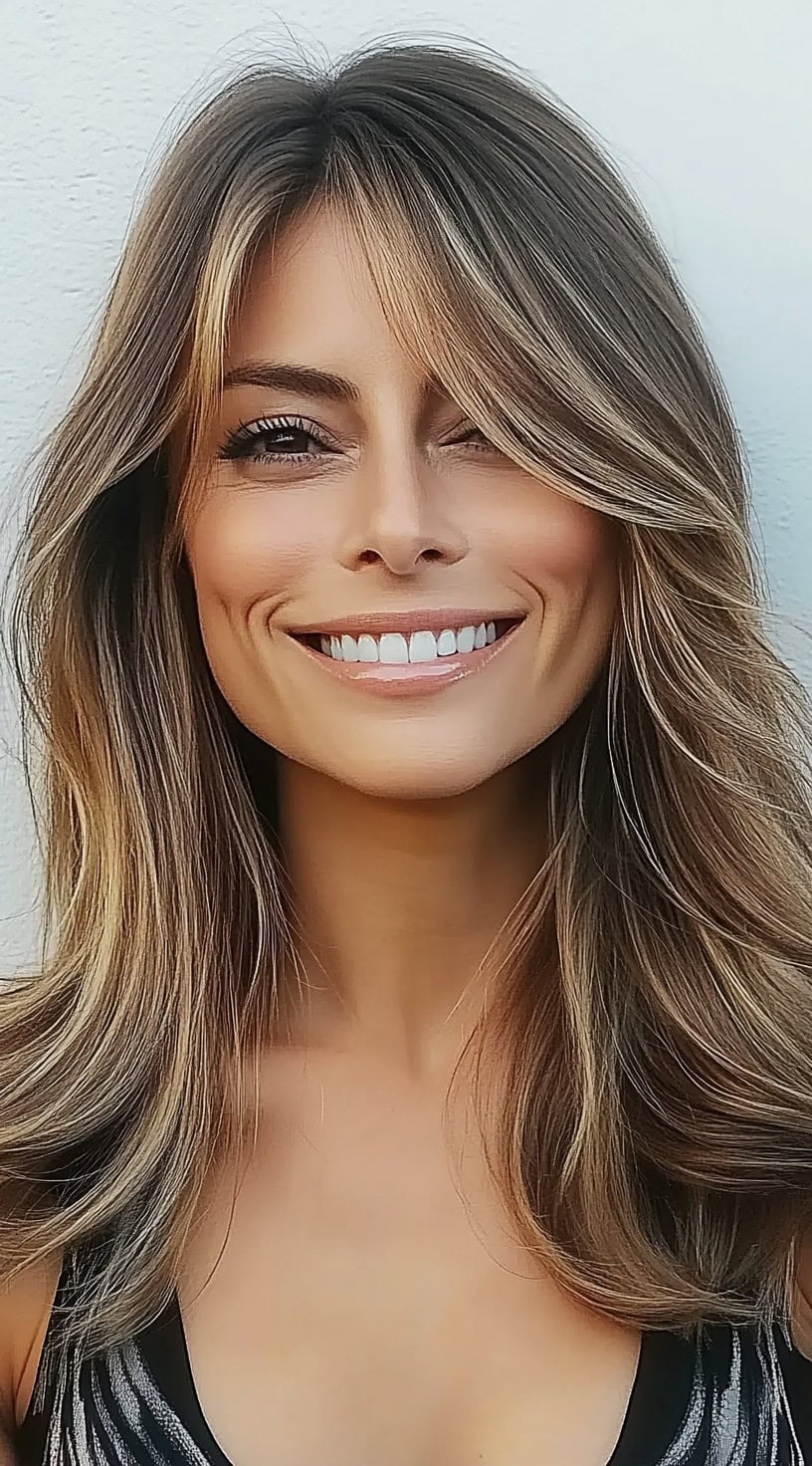 A voluminous layered haircut with sweeping bangs and light feathering, styled with plenty of body and bounce.
