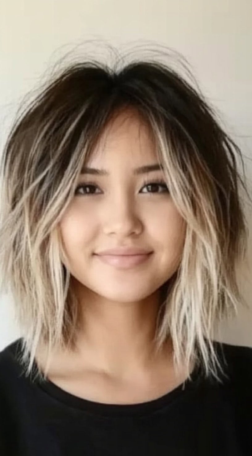 A woman with a medium shag bob, styled with dark roots and heavily lightened, slightly textured ends.