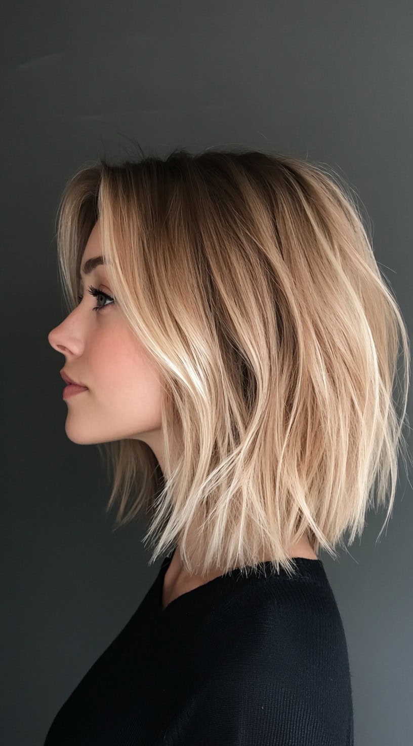 A side profile of a medium-length shaggy bob with sandy blonde color and choppy, feathered layers styled with natural body.