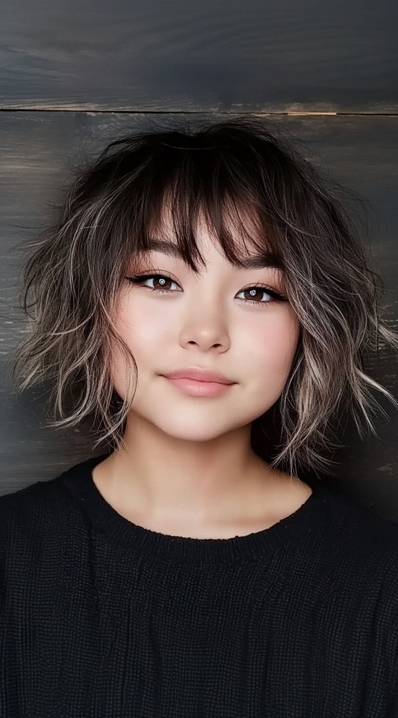 A woman with a shaggy bob featuring wispy bangs and ashy blonde streaks that add dimension to dark hair.