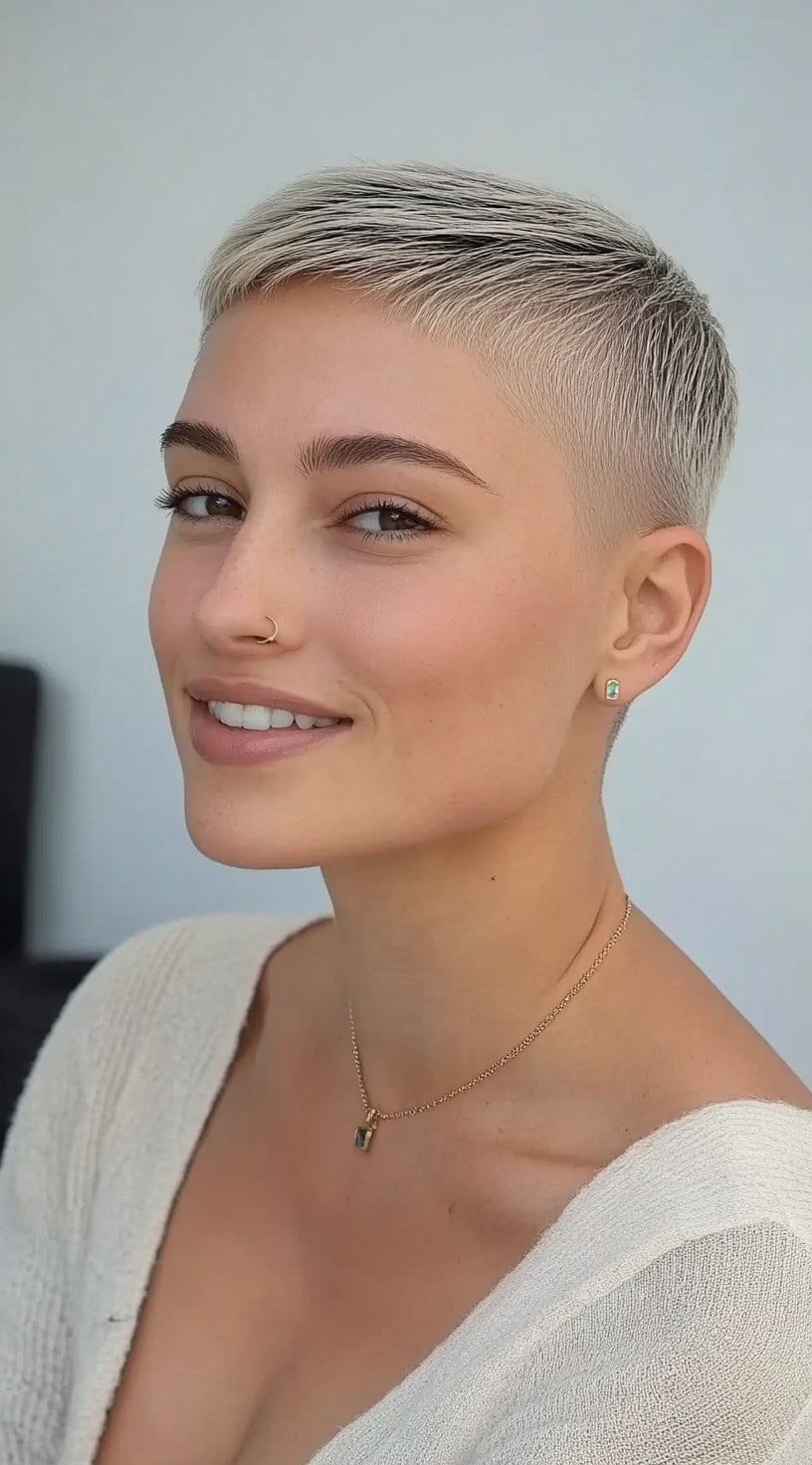 A woman with a platinum blonde buzz cut and soft fade, smiling gently while wearing a cream sweater.